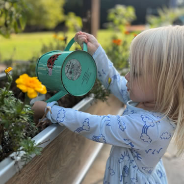 Toddler watering flowers